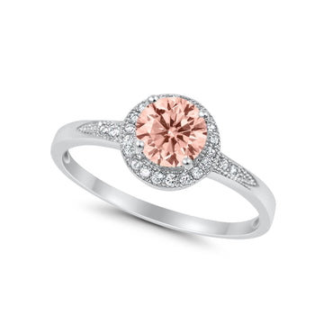 Halo Art Deco Engagement Ring Round Simulated Morganite CZ 925 Sterling Silver